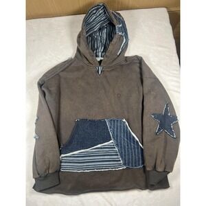 Oli & Hali Hoodie Womens XL Brown Fleece Patchwork Stars Kangaroo Pocket